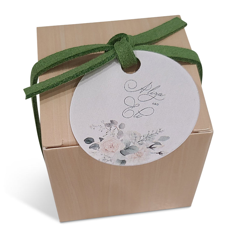 Wood Look Favor Box with Green Floral Design Tag u0026 Suede Cord – It's a Favor