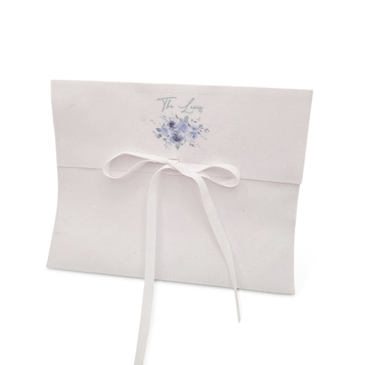 Blue Floral Design White Suede Shalach Manos Pouch (More designs available upon request)