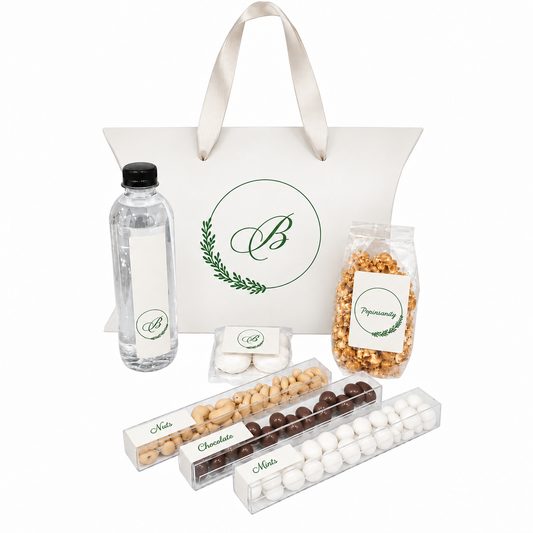 White Pillow Box Welcome Package With Wreath Monogram, (Available in color of your choice)