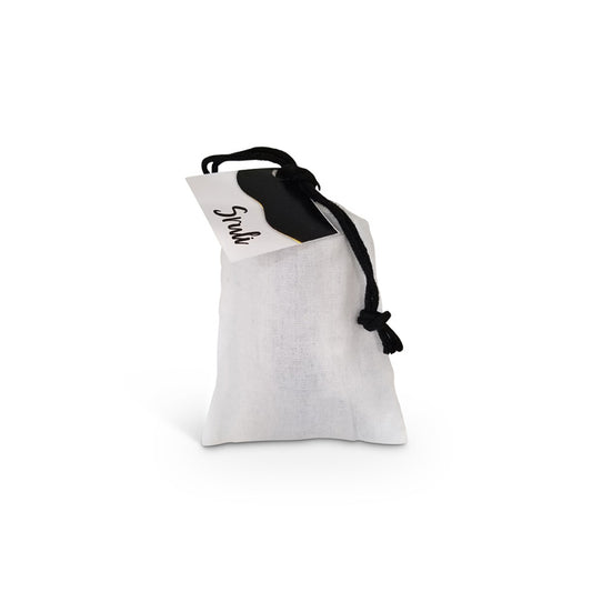 White Cotton Aufruf Bag with Black Drawstring & Optional Personalized Tag 3" x 5"