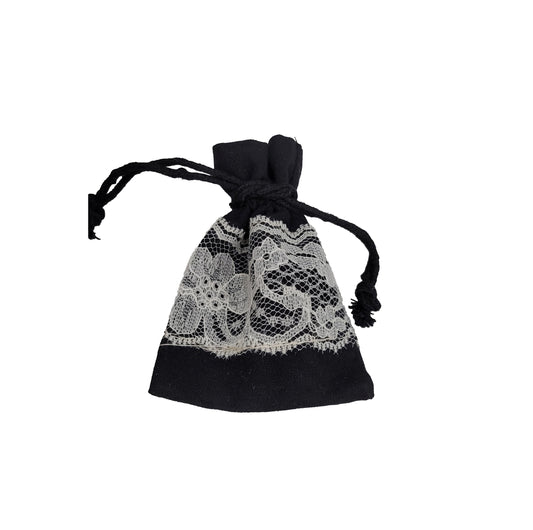 Black Cotton Bag with Cream Lace 3x4, Optional Personalized Tag