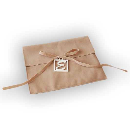 Beige Suede MIshloach Manos Pouch with Free Acrylic Monogram Tag. (More Colors Available.)