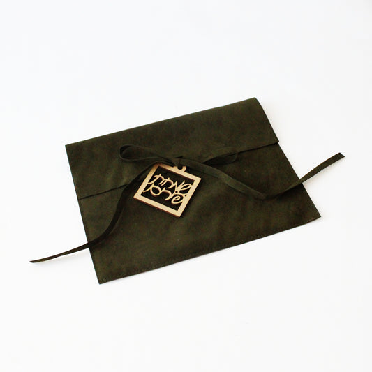 Green Suede MIshloach Manos Pouch with Wooden Simchas Purim Tag. (More Colors Available.)