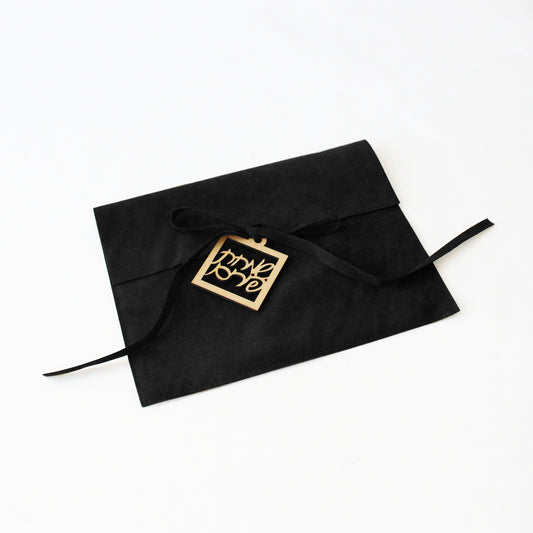 Black Suede Mishloach Manos Pouch with Acrylic Simchas Purim Tag. (More Colors Available.)