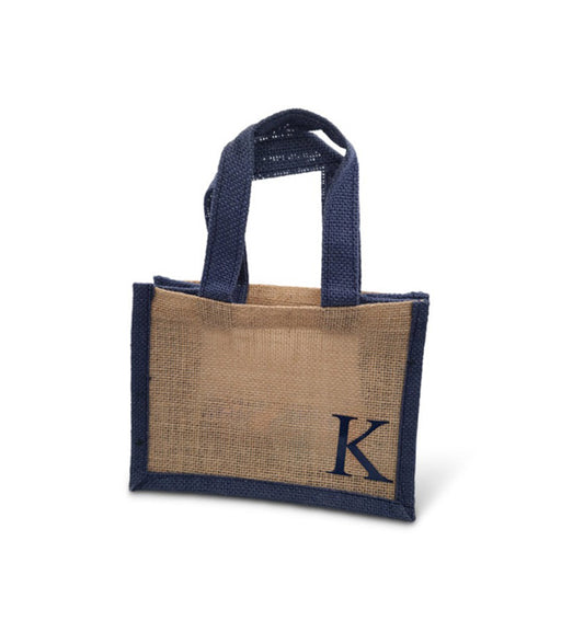 Personalized Jute Tote with Navy Blue Trim. Measures 8 x 6 x 4 inches.