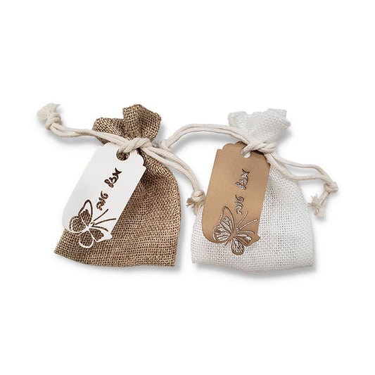 White or Natural Burlap Bag with optional lasercut tag and cord (Many designs to choose from)