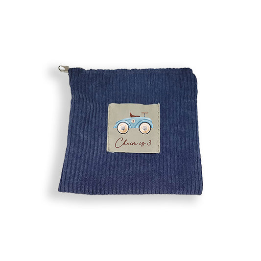 Navy Corduroy Zipper Pouch Vintage Car Design, More designs available.
