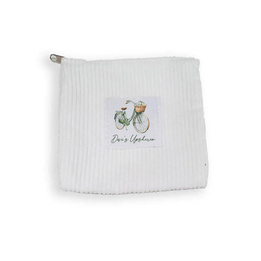 White Corduroy Zipper Pouch Vintage Bicycle Design, More designs available.