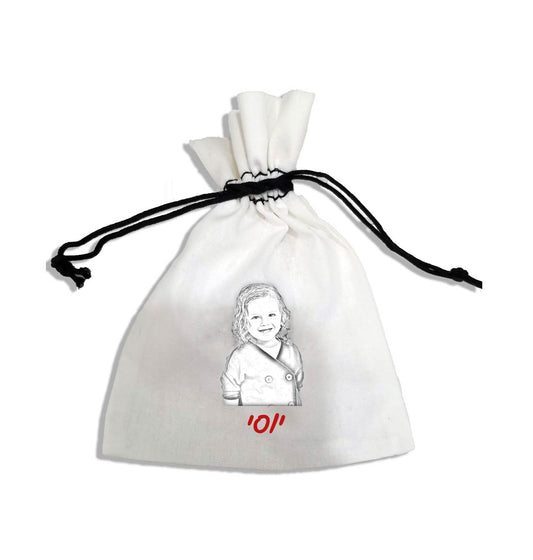 White Cotton Bag with Black Drawstring with Custom Sketch Design