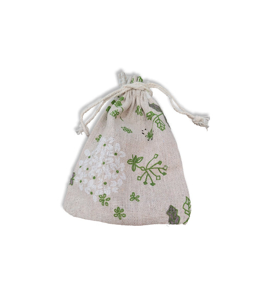 Green Floral Aufruf Bag, Measures 4 x 5 inches.