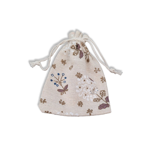 Brown Floral Aufruf Bag, Measures 4 x 5 inches.