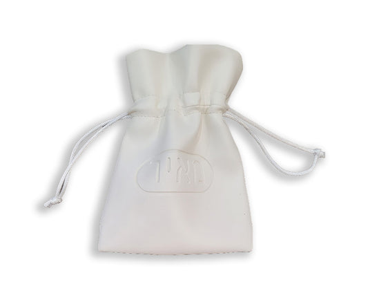 Embossed White Leather Aufruf Bag, Measures 4" x 5"