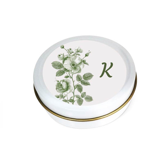 White Round Besomim Tin with green floral design