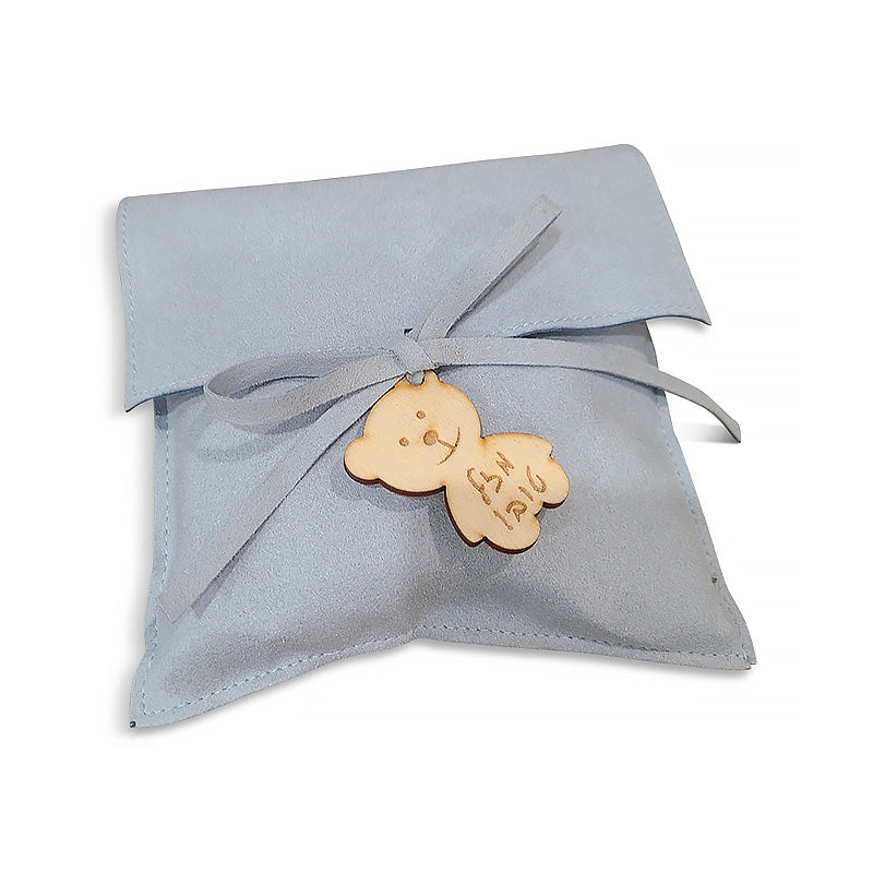 Microfiber Baby Pouch with wooden teddy bear tag, in light blue, More colors available.