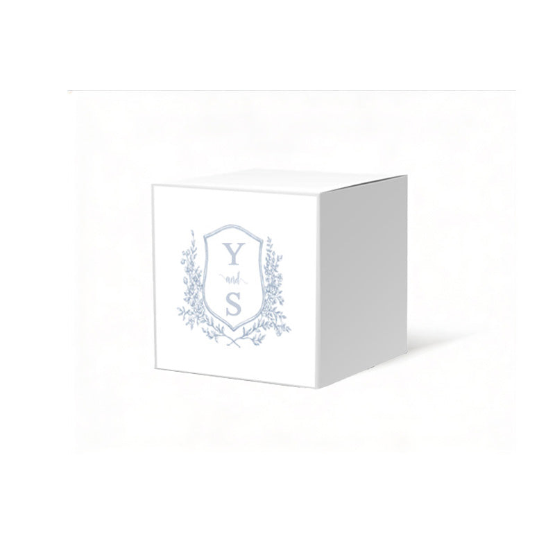 Crest Design Favor Box, 2 x 2 inches, Optional matching ribbon.