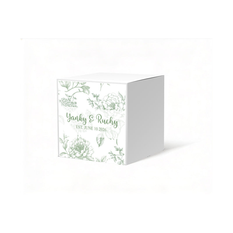 French Toile Green Favor Box, 2 x 2 inches, Optional matching ribbon.