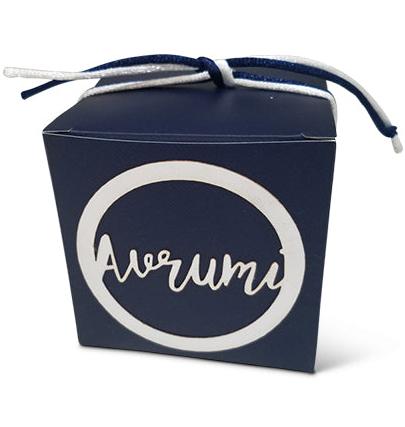 Navy Upsherin Box with Circle Lasercut tag with script name and optional cord.