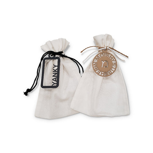 White 5x7 cotton bag with Lasercut tag. (Many designs to choose from)