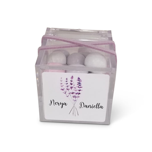 Lavender design acrylic favor box 1.75", includes label & cord