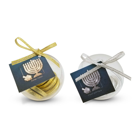 Acrylic Ball with Chocolate Coins, Menorah Tag & Ribbon Included (Assembly Required)