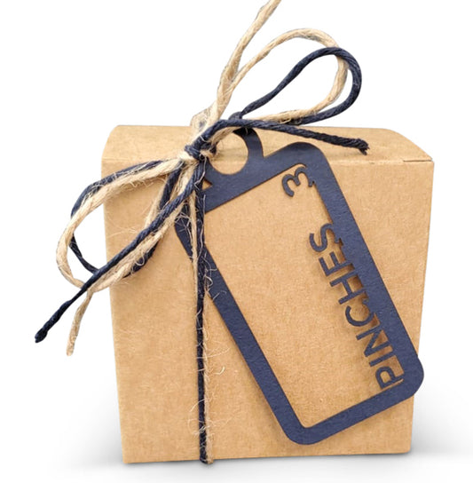 Kraft box with modern rectangle lasercut tag and cord