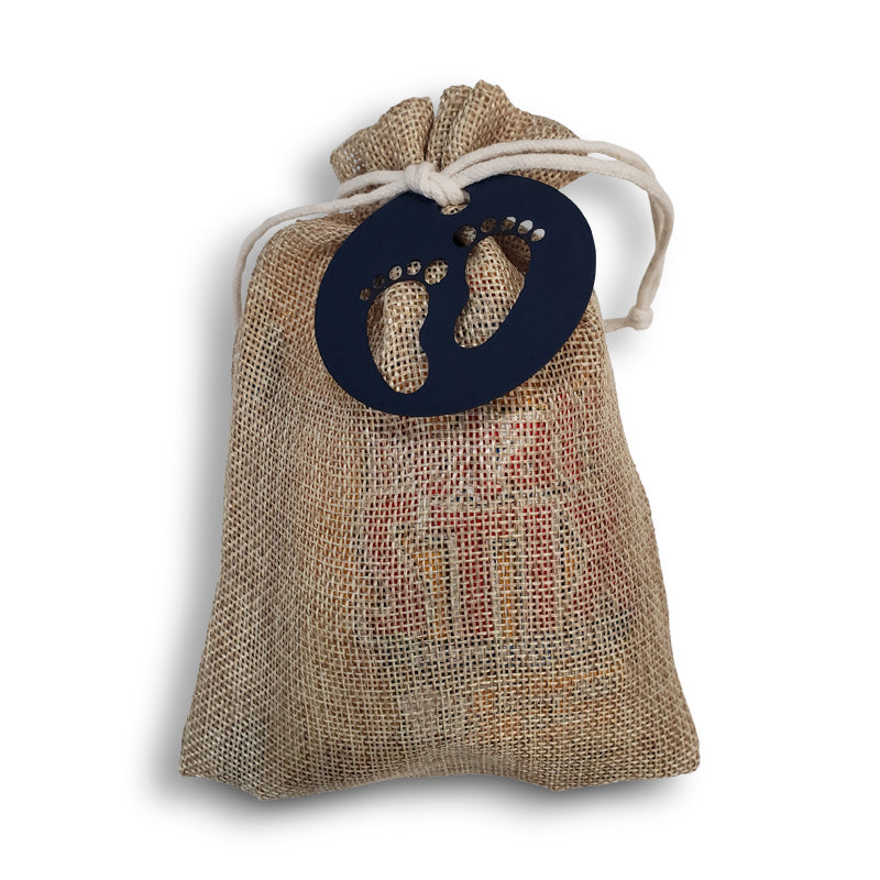 Burlap Vachnacht Peckel Bag with lasercut footprint tag