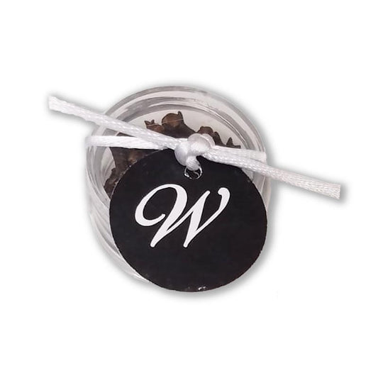 Acrylic Round Box with besomim with personalized tag and cord