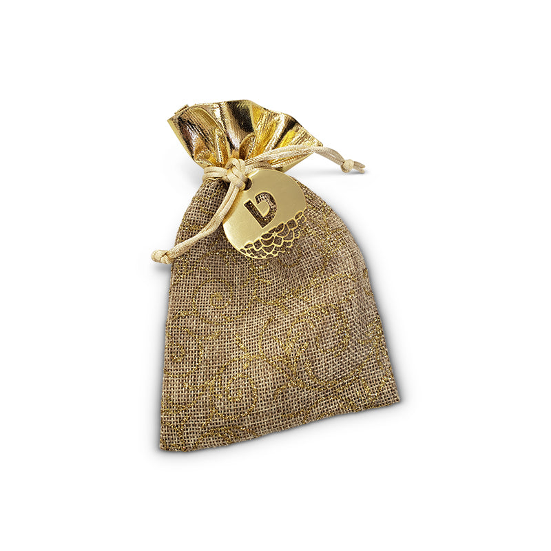 Gold Sparkle Burlap Aufruf Bag with Optional Personalized Tag 4x5