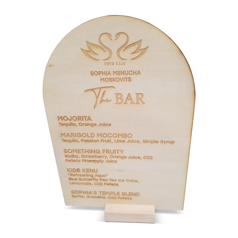 Wooden Arched Bar Menu or Station Card (Comes with wood stand)