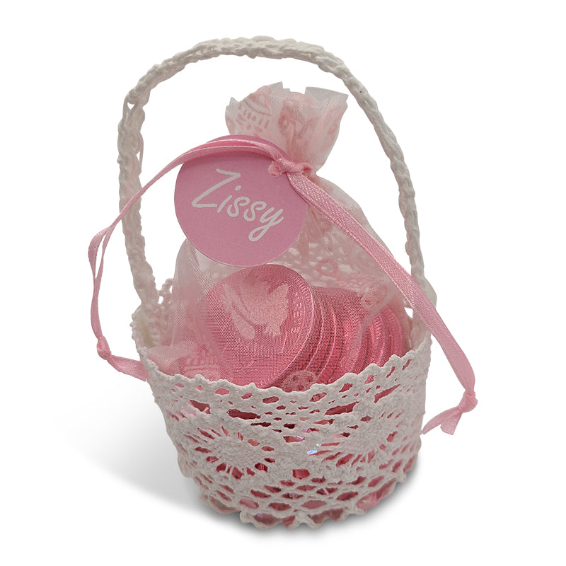 Mini Lace Favor Baskets with pink organza bag and personalized tag. (Contents not included)