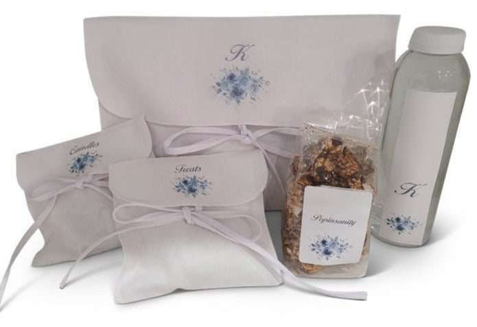 White cotton blue floral welcome bag