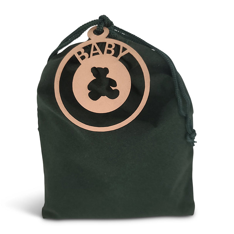 Green Velvet Vachnacht Peckel Bag with Laser Cut Teddy Bear Tag