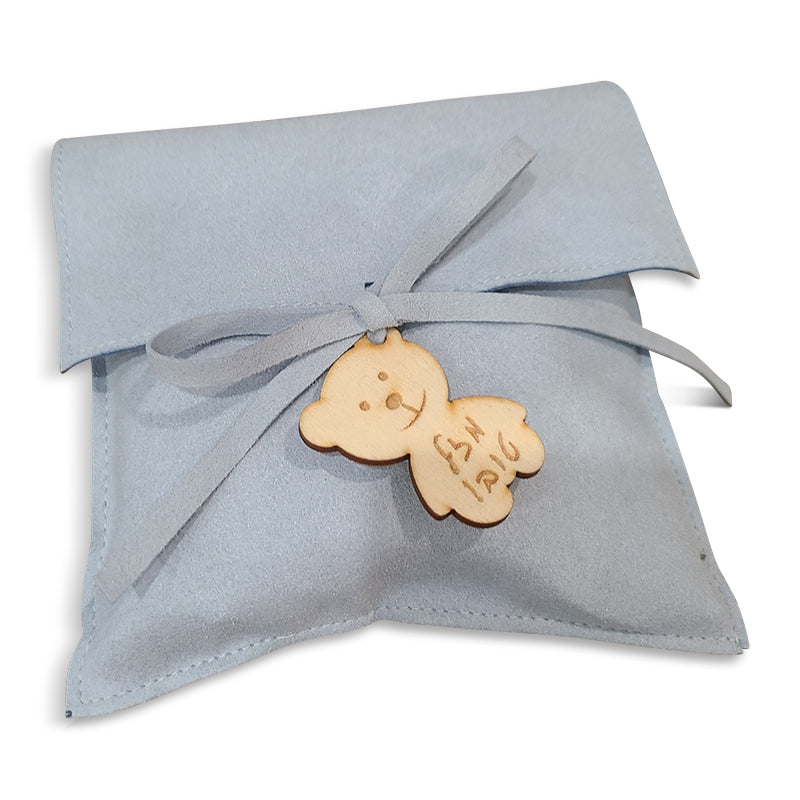 Microfiber Baby Pouch with wooden teddy bear tag, in light blue, More colors available.