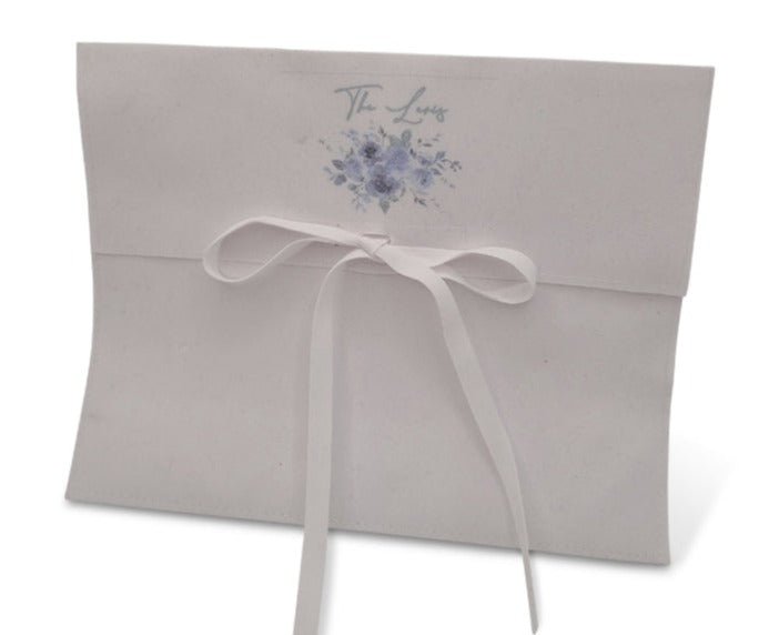 Blue Floral Design White Suede Shalach Manos Pouch (More designs available upon request)