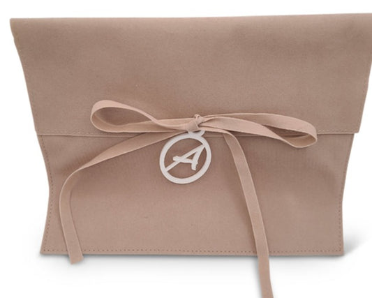 Beige Suede MIshloach Manos Pouch with Free Acrylic Monogram Tag. (More Colors Available.)