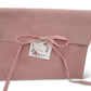 Pink Suede MIshloach Manos Pouch with Floral Tag.