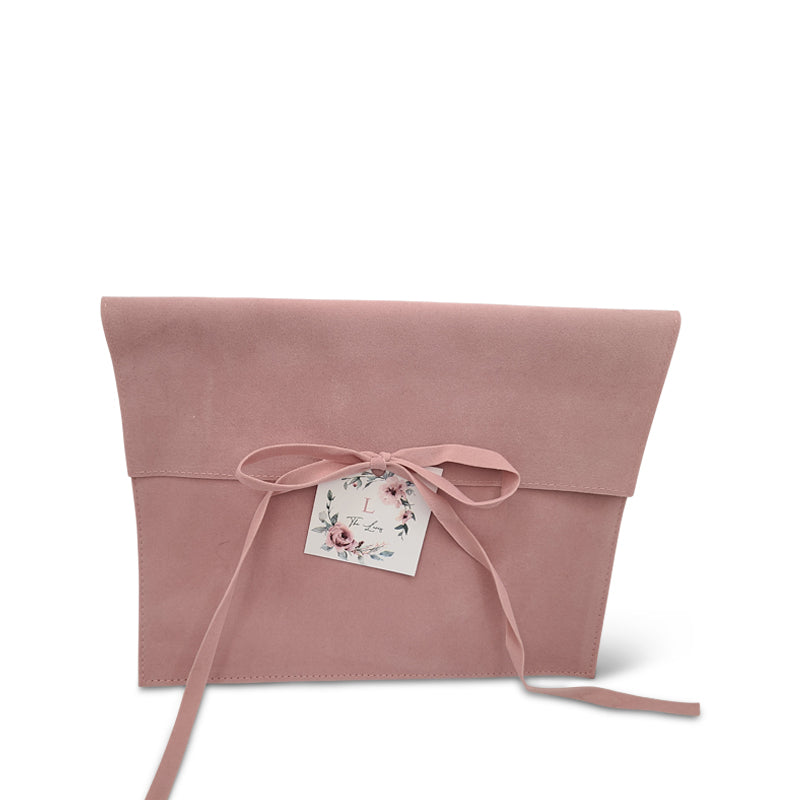 Beige Suede MIshloach Manos Pouch with Free Acrylic Monogram Tag. (More Colors Available.)