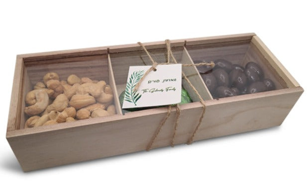 Wooden 3 Section Candy Gift Box with Clear Sliding Lid. Includes Personalized Tag. Twine sold separately.