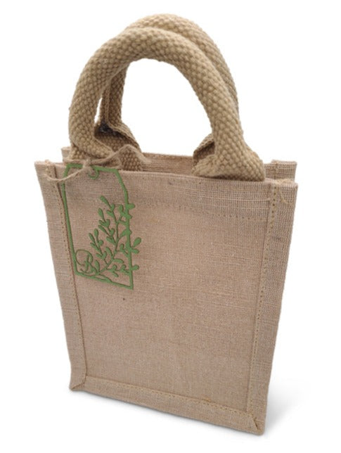 Burlap Tote Bag with Lasercut Leaf Tag. Measures 6 x 7 x 4 inches.