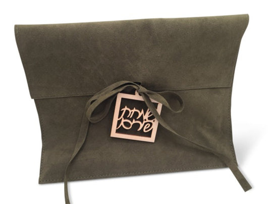 Green Suede MIshloach Manos Pouch with Wooden Simchas Purim Tag. (More Colors Available.)