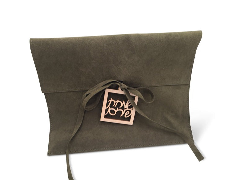 Pink Suede MIshloach Manos Pouch with Floral Tag.