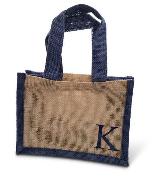 Personalized Jute Tote with Navy Blue Trim. Measures 8 x 6 x 4 inches.