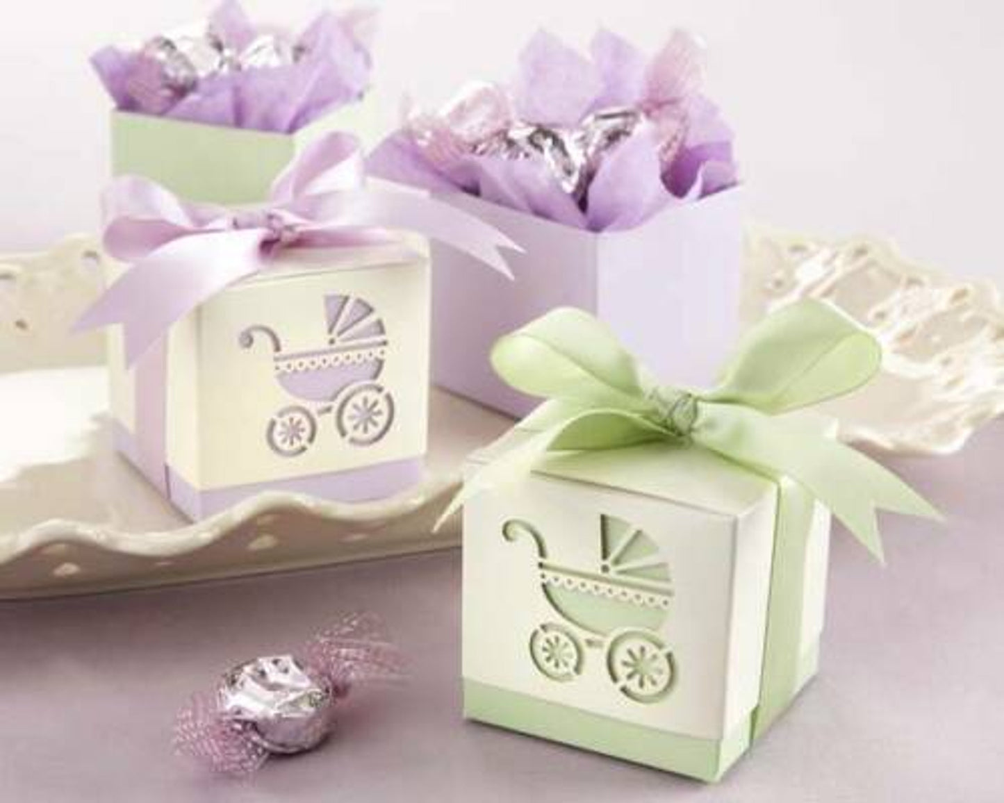 Baby's Day Out Lasercut Carriage Favor Box, Sage Green (Purple Unavailable) Limited Quantity.