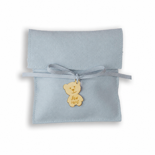 Blue Microfiber Baby Pouch with Wooden Teddy Bear Tag