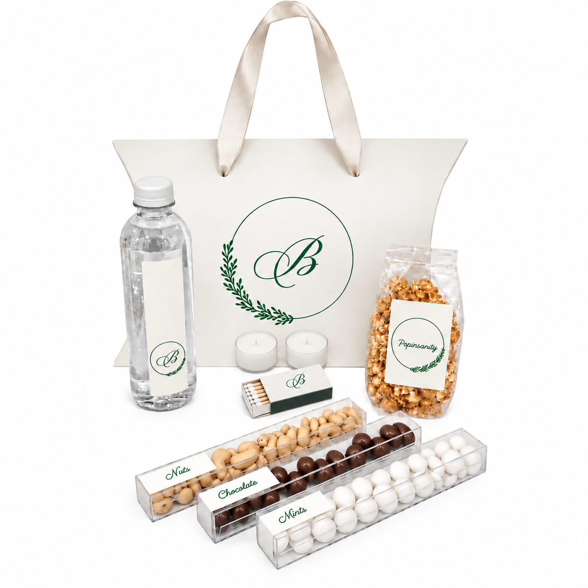 White Pillow Box Welcome Package With Wreath Monogram, (Available in color of your choice)