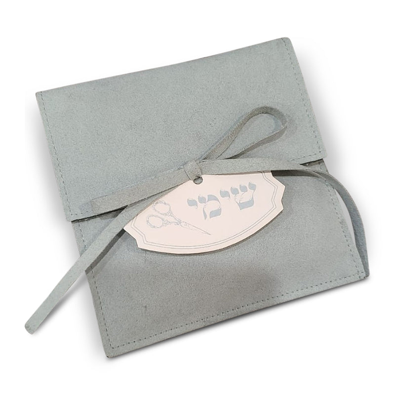 Microfiber Upsherin Pouch with vintage die cut scissors tag, in sage green, More colors available.