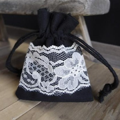 Black Cotton Bag with Cream Lace 3x4 & Optional Personalized Tag