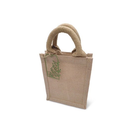 Burlap Tote Bag with Lasercut Leaf Tag. Measures 6 x 7 x 4 inches.