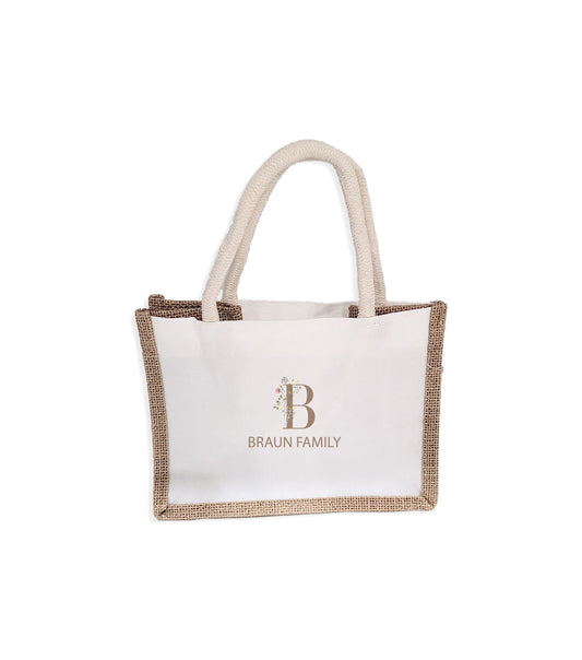 Burlap Mini Tote with Floral Monogram 9x5x6.3