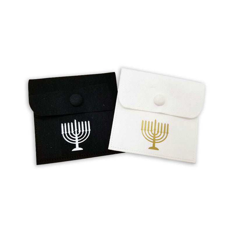 Suede Snap Mini Pouches with Menorah or Dreidel, Available Personalized. (Custom Designs Upon Request)